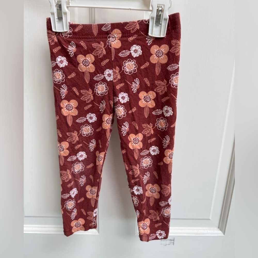 Disney Junior Minnie Mouse 2T Girls Maroon Floral Kids Stretchy Leggings Pants